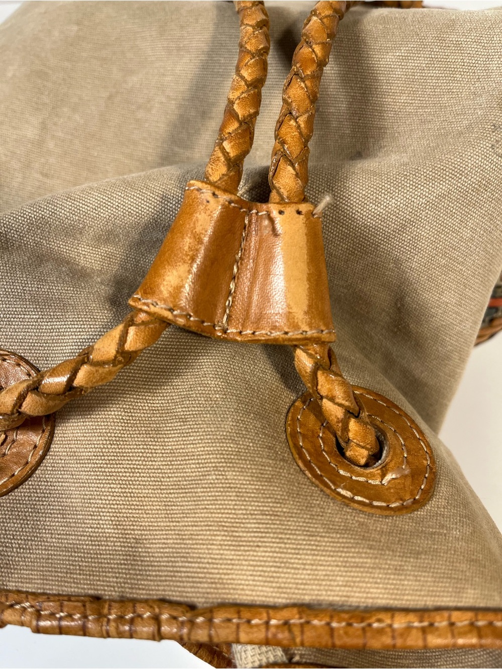 Vintage Fossil Canvas Bucket Backpack Purse Woven Leather Pattern - Picture 7 of 12